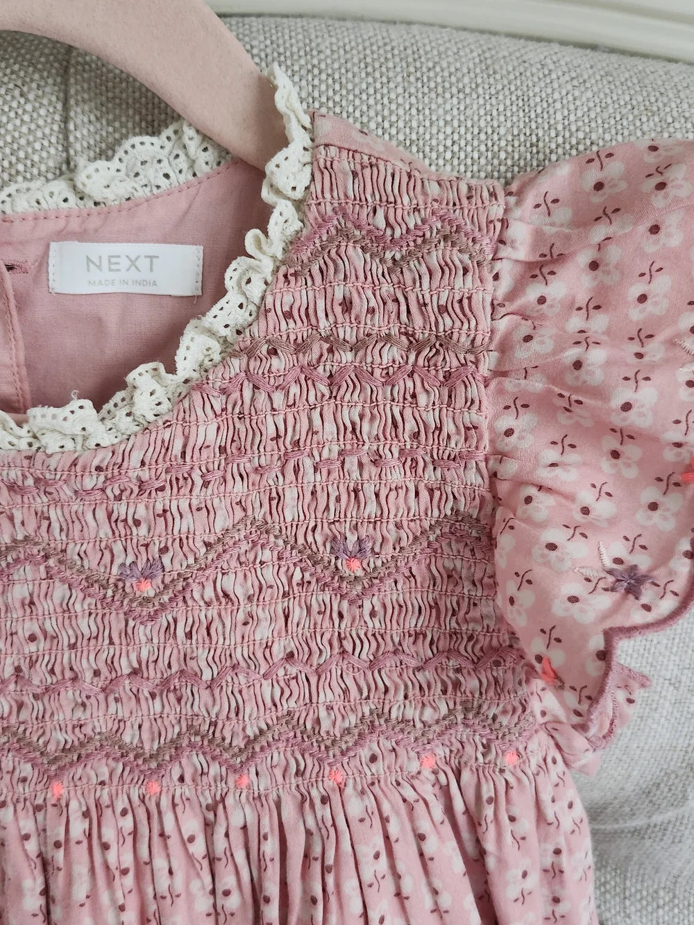 Next Pink Smocked Flutter-Sleeve Floral Dress